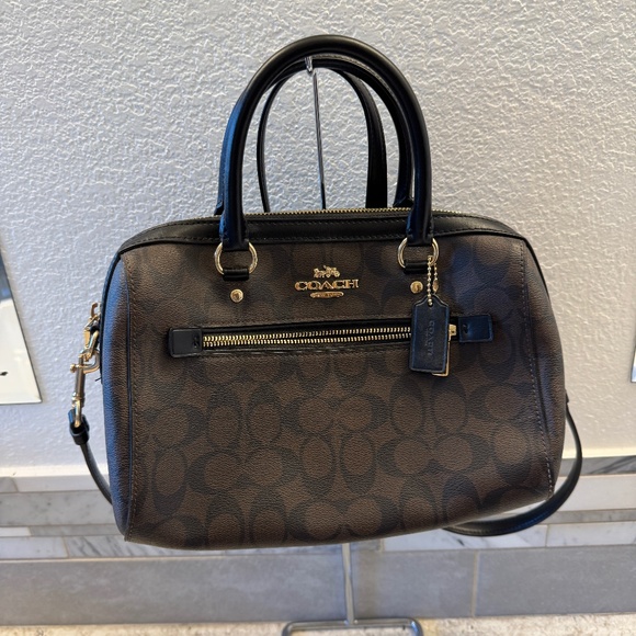 Coach Satchel Bag in signature canvas black & brown -Rowan - Picture 2 of 11